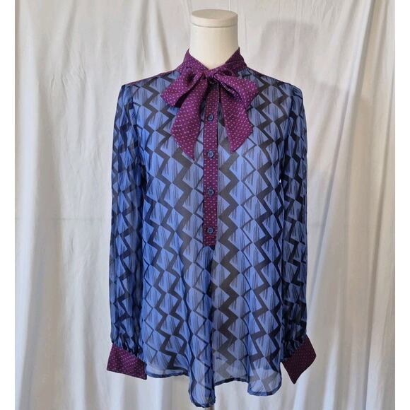 Hale Bob Womens 100% Silk Blue Purple Geometric Sheer Blouse Top Small - Picture 1 of 8